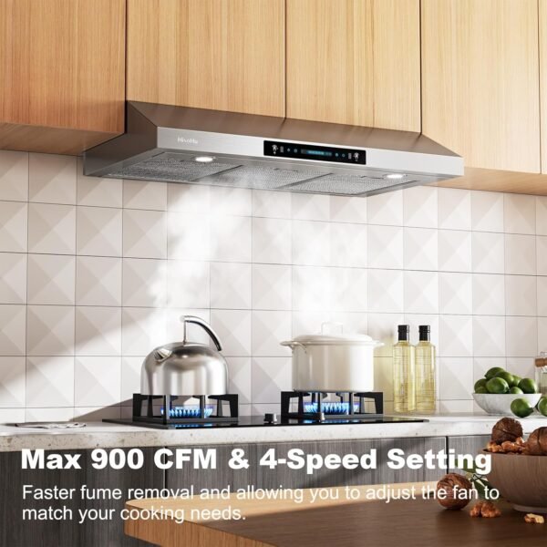 HisoHu 30 Inch Under Cabinet Range Hood with 900-CFM, 4 Speed Gesture Sensing&Touch Control Panel, Stainless Steel Kitchen Vent