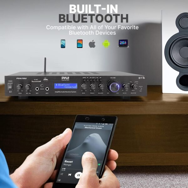 Pyle 5 Channel Rack Mount Bluetooth Receiver, Home Theater Amp, Speaker Amplifier, Bluetooth Wireless Streaming, MP3/USB/SD/AUX/FM Radio, 200 Watt, with Digital ID3 LCD Display, Black - PDA7BU