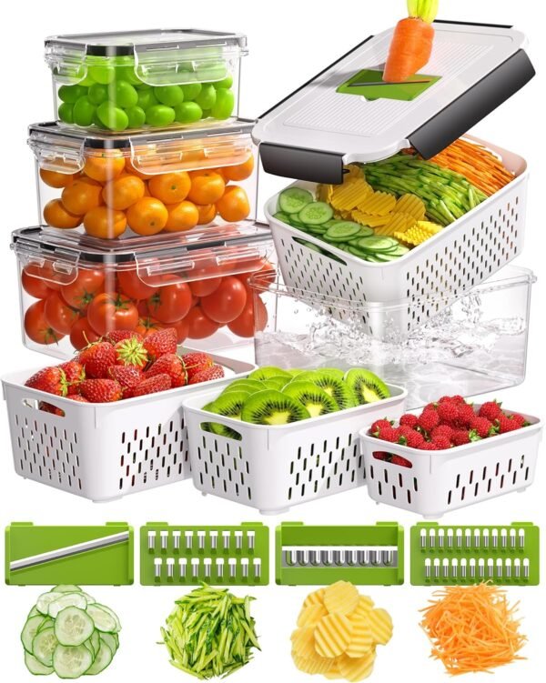4 Pcs Fruit Storage Containers for Fridge with Vegetable Chopper Set & Removable Colander, Airtight Food Storage Containers with Mandoline Slicer, Dishwasher & Microwave Safe