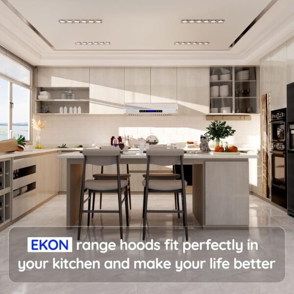 EKON 30 inches Under Cabinet Range Hood, 900 CFM Stainless Steel Kitchen Chimney Vent, 4 Speed Touch Screen Control With Remote 2Pcs 3W LED lights Dishwasher-safe Filters Fan Timer