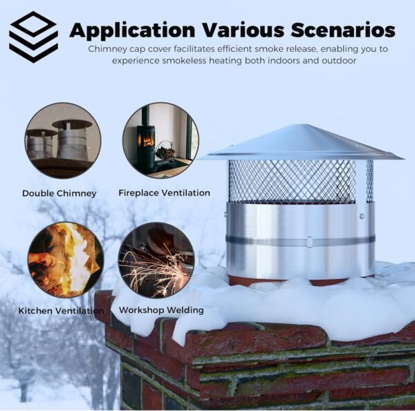 6 Inch Chimney Cap, (6/7/8/9/10/12) inch Stainless Steel Cone Top Chimney Cap with Screen, Adjustable and Reinforced Chimney Cap, Chimney Cover for Vents,Round Rain Cap for All-Round Chimney