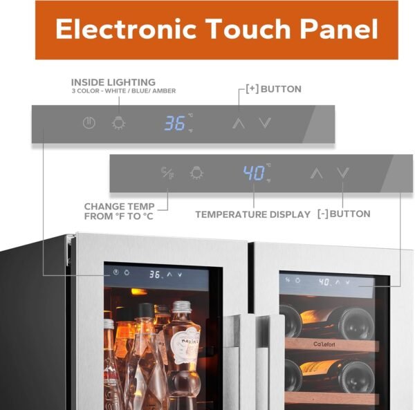 Ca'Lefort 24 Inch Wine and Beverage Refrigerator, 60 Can and 20 Bottle Wine Cooler Refrigerator 36-72°F, 3 LED Dual Zone Wine Fridge Glass Door, Built-in or Freestanding for Home/Kitchen (4.10 cu.ft)