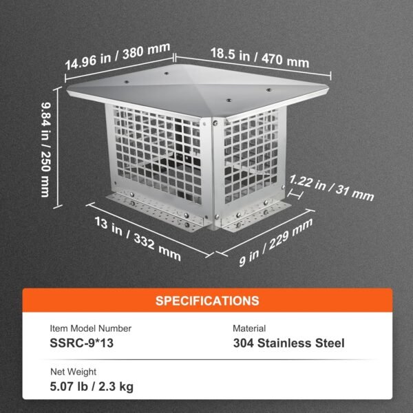 VEVOR Chimney Cap 9 x 13 inch Practical Accessories & Easy Installation, Fits Mesh Covers Outside Clay Flue Shingles, Silver