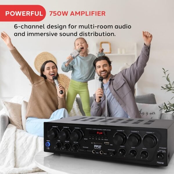 Pyle Wireless Bluetooth Home Audio Amplifier System-Upgraded 6 Channel 750 Watt Sound Power Stereo Receiver w/USB, Micro SD, Headphone,2 Microphone Input w/Echo, Talkover for PA - PTA62BT.5