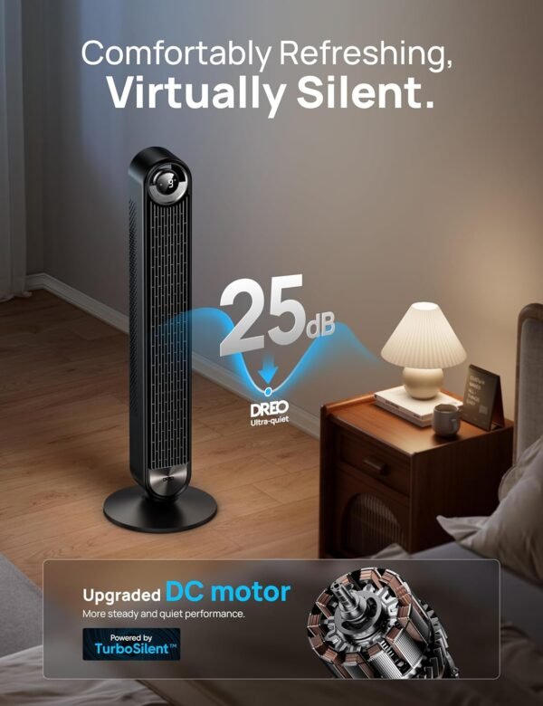 Dreo Tower Fan for Bedroom, Upgrated DC 9 Speeds Ultra-Quiet Floor Fan, 90° Oscillating Fans for Indoors with 28ft/s Velocity, 12H Timer, Standing Fans, Bladeless Fan Powerful for Home Office Room