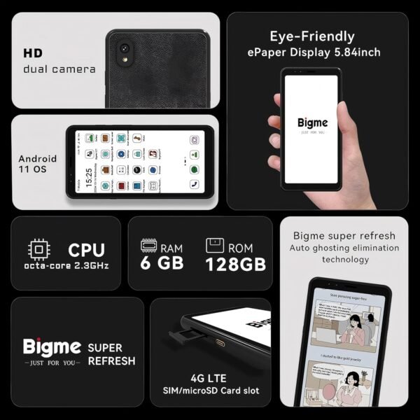 Bigme Color E-Ink Screen Mobile Hibreak, 6G+128GB Android 11 Smartphone, 36-Level Front Light, USB-C, 3300mAh Battery, 5+13MP Camera - Black