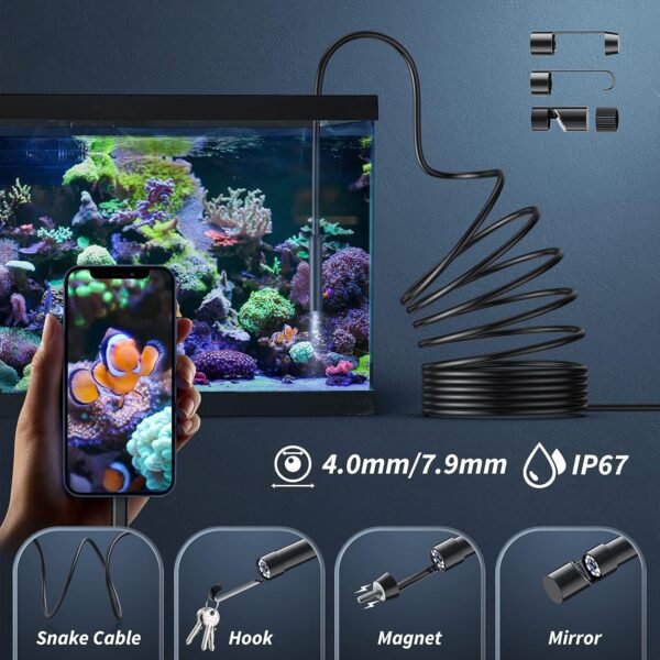 Endoscope Camera with Light,1920P HD Borescope Tools with 8 Adjustable LED Lights, Endoscope with Semi-Rigid Snake Camera, IP67 Waterproof Inspection Borescope for iOS and Android-16.4ft Single Lens
