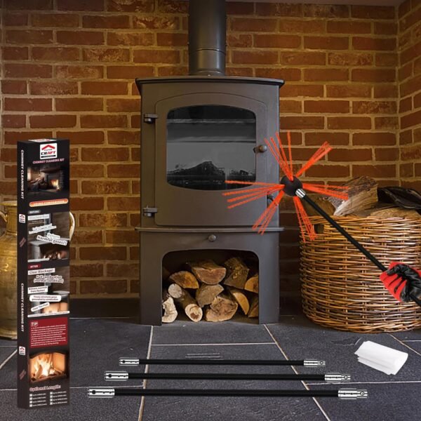 Chimney Sweep Kit - 30 Feet with 9 Flexible Black Chimney Rods, Brush & Rotary Drill-Driven System