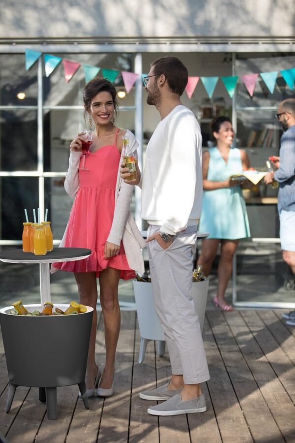 Keter Modern Cool Bar Outdoor Patio Furniture and Hot Tub Side Table with 7.5 Gallon Beer and Wine Cooler, Dark Grey