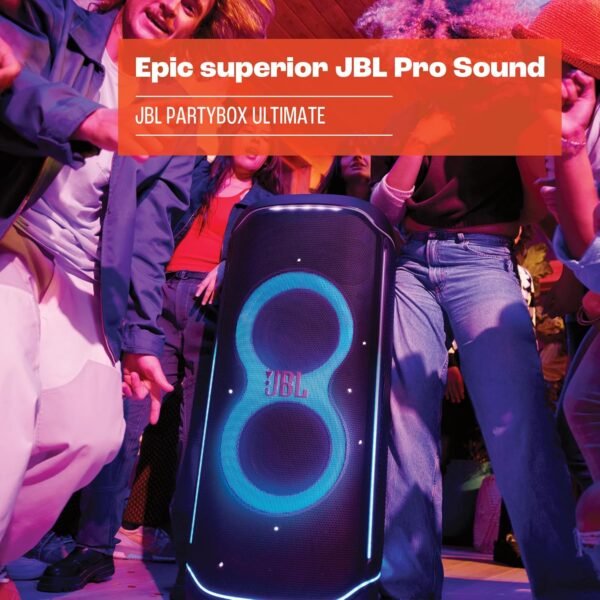 JBL Partybox Ultimate - Multi Purpose Party Speaker, with Wi-fi & Bluetooth Connectivity, Wireless, Lightshow, IPx4 Slashproof, Dual Mic & Guitar Inputs, Handle & Sturdy Wheels, Black