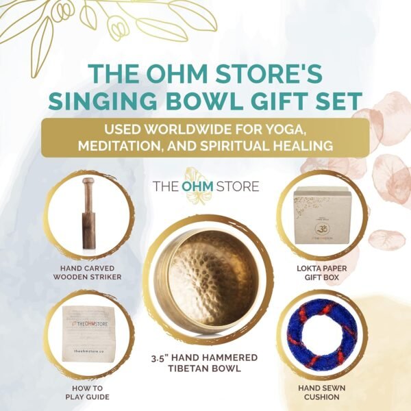 Ohm Store Tibetan Singing Bowl Set — Meditation Sound Bath Bowl and Wooden Striker with Lokta Gift Box — Hand Hammered Nepali Instrument for Yoga, Chakra Healing and Stress Relief