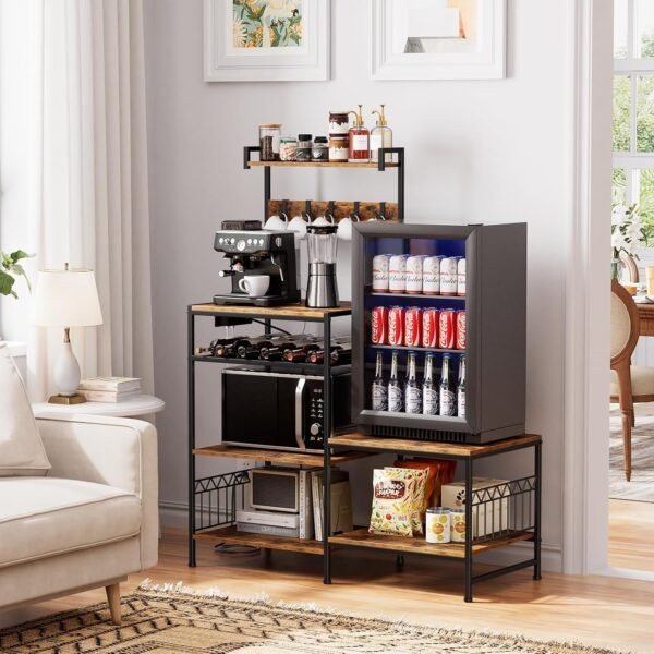 Portin Stand for Mini Fridge and Microwave Coffee Bar - Large Capacity, Sturdy, with Power Outlet and S-Hooks, for Compact Refrigerators - Home and Kitchen Shelf