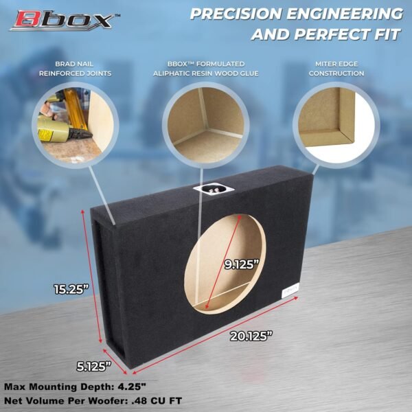 Bbox 10" Single Sealed / Shallow Mount Subwoofer Enclosure Boxes & Enclosures - Pro Audio Tune - Premium Subwoofer Box Improves Audio Quality, Sound & Bass - Nickel Finish Terminals