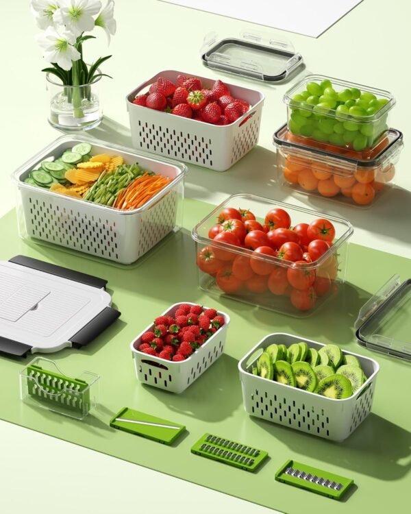 4 Pcs Fruit Storage Containers for Fridge with Vegetable Chopper Set & Removable Colander, Airtight Food Storage Containers with Mandoline Slicer, Dishwasher & Microwave Safe