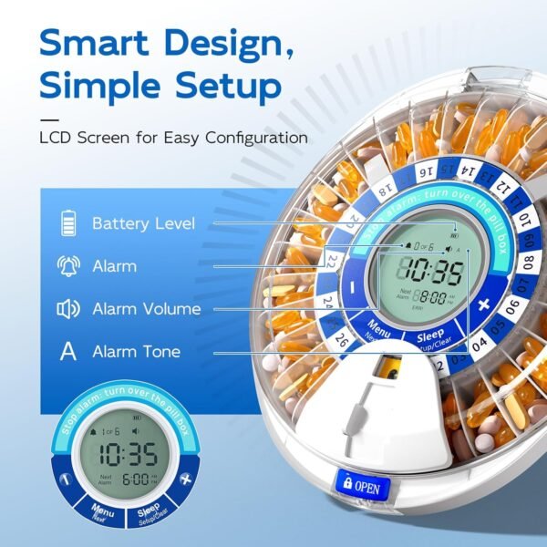Daviky Automatic Pill Dispenser for Elderly with Alarm, 28-Day Electronic Locked Pill Box, Sound & Light Reminders for Medication, Vitamins, and Supplements(Blue)
