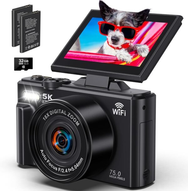 5K Digital Camera for Photography - WiFi 75MP Vlogging Camera for YouTube - UHD Autofocus Video Cameras 3" 180° Flip Screen with 18X Zoom - Compact Vlog Travel Camara with 32GB SD Card 2 Batteries