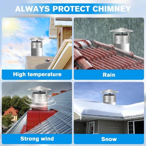 8 Inch Round Chimney Cap with Screen, Tapered Top Roof Rain Chimney Cover for Outside,Adjustable Fireplace Stove Pipe Topper, Stainless Steel