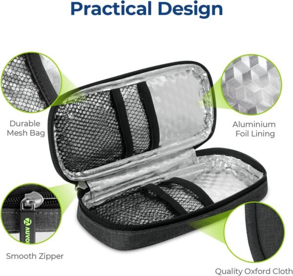AUVON Insulin Pen Cooler Travel Case with 2 x 90g TSA Approved Ice Packs, Diabetic Medication Insulated Cooling Bag for Insulin Pens and Diabetic Supplies Storage, Compact for Daily Life and Trips