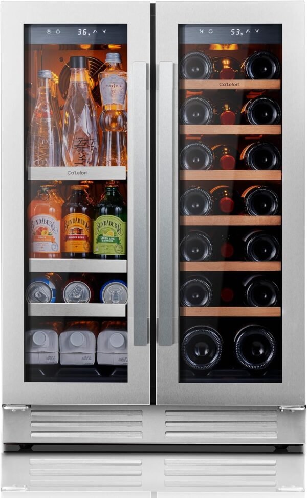 Ca'Lefort 24 Inch Wine and Beverage Refrigerator, 60 Can and 20 Bottle Wine Cooler Refrigerator 36-72°F, 3 LED Dual Zone Wine Fridge Glass Door, Built-in or Freestanding for Home/Kitchen (4.10 cu.ft)