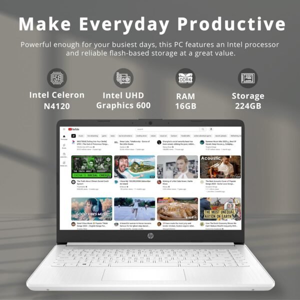 HP Stream 14" HD Lightweight Laptop, Intel Celeron N4120, 16GB RAM, 224GB Storage(64GB eMMC + 160GB Docking Station), Intel UHD Graphics, HD Webcam, 1 Year Office 365, WiFi, Bluetooth, Win 11s, White
