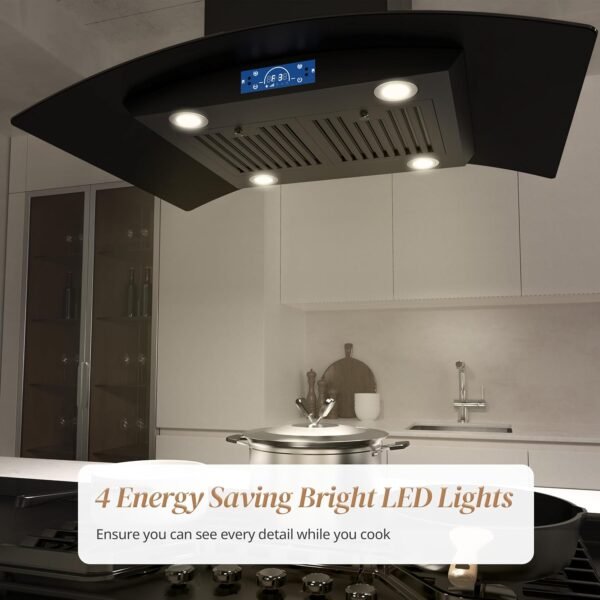 FIREGAS Black Island Range Hood 36 Inch, 700 CFM Ductless/Ducted Ceiling Mount Range Hood with 3 Speed Fan, Gesture, Remote & Touch Control, LED Light Vent Hood for Kitchen