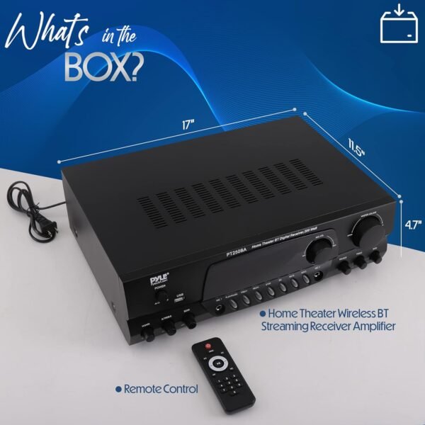 Pyle Wireless Bluetooth Power Amplifier System, 200 Watt Max, Home Theater Audio Stereo Receiver Box with FM/USB, Mic in, RCA Inputs, Echo & 2-Band EQ Control, Digital Display Screen - PT250BA