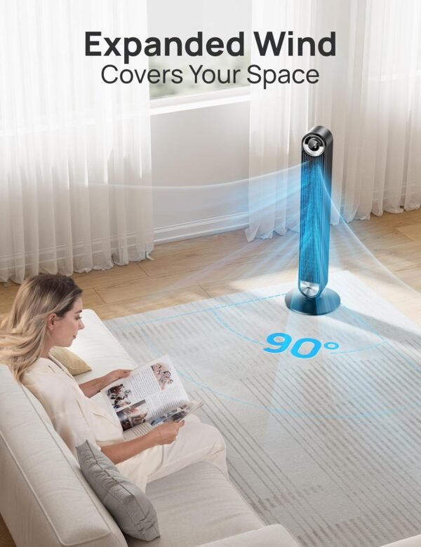 Dreo Tower Fan for Bedroom, Upgrated DC 9 Speeds Ultra-Quiet Floor Fan, 90° Oscillating Fans for Indoors with 28ft/s Velocity, 12H Timer, Standing Fans, Bladeless Fan Powerful for Home Office Room