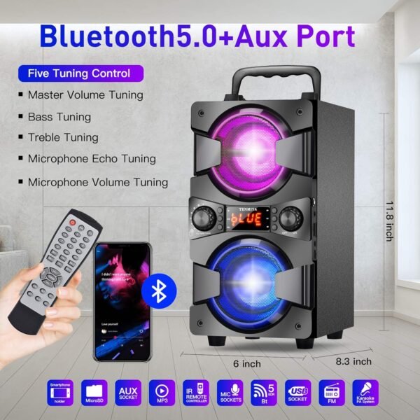 60W Bluetooth Speakers Portable Wireless Speaker with Double Subwoofer Heavy Bass, FM Radio, Microphone, Lights, Remote EQ, Loud Boom Box Stereo Sound System Speaker for Home Outdoor Party Gifts(1MIC)