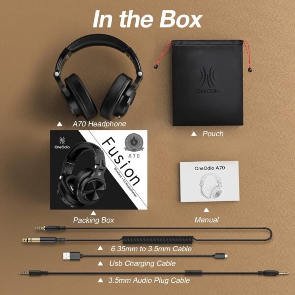 OneOdio A70 Bluetooth Over Ear Headphones, Wireless Headphones with 72H Playtime, Hi-Res, 3.5mm/6.35mm Wired Audio Jack for Studio Monitor & Mixing DJ Guitar AMP, Computer Laptop PC Tablet - Black