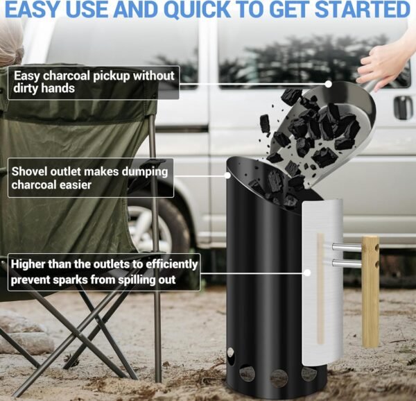 Charcoal Chimney Starter with 11" Briquet Shovel Set, Double Enameled Large Capacity Chimney Starter for Charcoal Grill with Heat Shield & Wood Handle Great Heat Insulation and Easy Grip