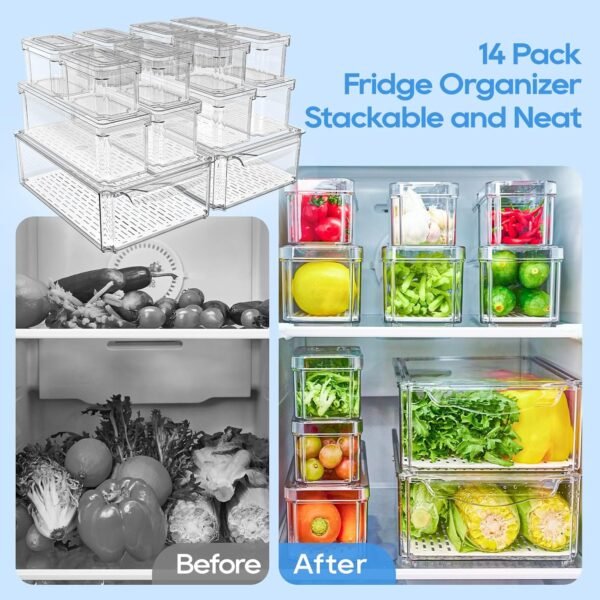 14 Pack Fridge Organizers, Refrigerator Organizer Bins with Lids, BPA Free Stackable Fruit Storage Containers for Fridge, Vegetables, Food and Drinks