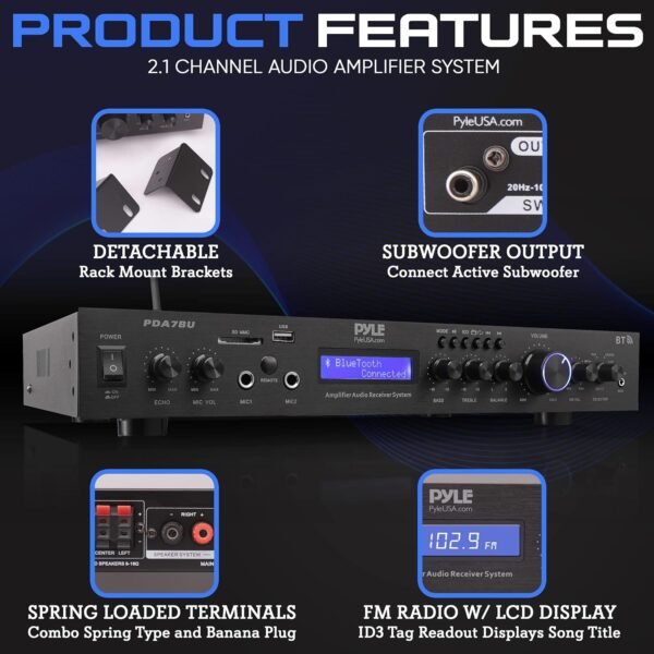 Pyle 5 Channel Rack Mount Bluetooth Receiver, Home Theater Amp, Speaker Amplifier, Bluetooth Wireless Streaming, MP3/USB/SD/AUX/FM Radio, 200 Watt, with Digital ID3 LCD Display, Black - PDA7BU