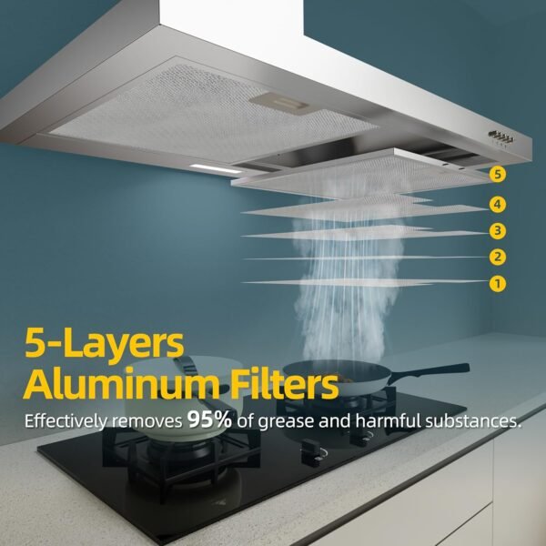 FIREGAS Range Hood 30 inch Wall Mount with Ducted/Ductless Convertible, 450 CFM Stainless Steel Chimney-Style Kitchen Hood, Over Stove Vent Hood with 3 Speed Fan, LED Light, Charcoal Filters