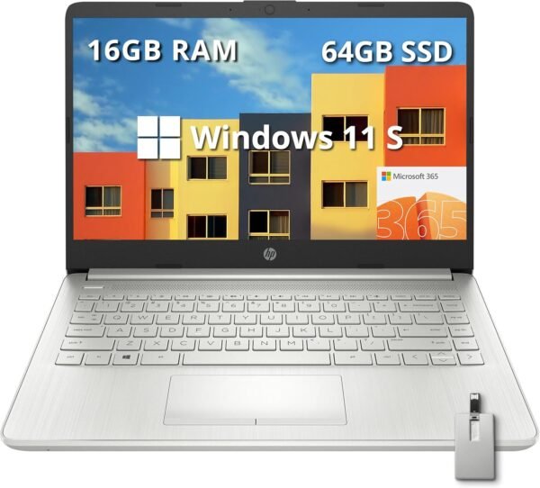HP Premium Stream 14" HD BrightView Laptop, Intel Celeron N4120, 16GB RAM, 64GB eMMC, Intel UHD Graphics, HD Webcam, 1 Year Office 365, Bluetooth, WiFi, HDMI, Win 11s, Silver, 32GB Hotface USB Card