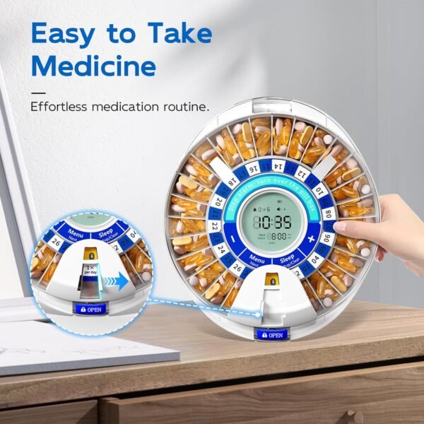 Daviky Automatic Pill Dispenser for Elderly with Alarm, 28-Day Electronic Locked Pill Box, Sound & Light Reminders for Medication, Vitamins, and Supplements(Blue)