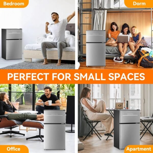 Frestec Mini Fridge with Freezer 3.5 Cu.Ft. 2 Door Refrigerator and Freezer Small Fridge for Bedroom Home Office Dorm, Small Drink Chiller, 37 dB Low Noise, Stainless Steel