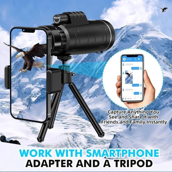 40x60 Monocular Telescope with Smartphone Adapter, Telescope for Adults High Powered, Compact Low Light Vision for Wildlife, Hunting, Camping, Travel &Outdoor Adventures