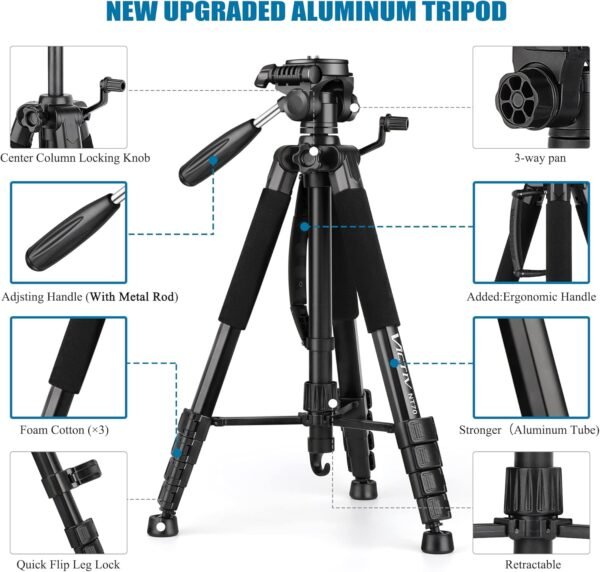 VICTIV 74” Camera Tripod, Tripod for Camera and Phone, Aluminum Heavy Duty Tripod Stand for Canon Nikon with Carry Bag and Phone Holder, Compatible with DSLR, iPhone, Spotting Scopes, Max Load 15 Lb