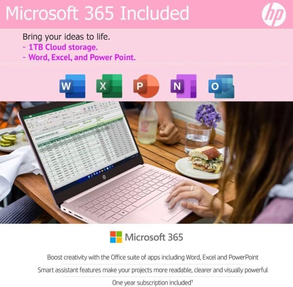HP Ultralight 14 inch Laptop with Intel 4-Core Processor • with Microsoft 365 and Wireless Earbuds • 16GB RAM • 128GB External & 64GB Onboard & 1TB Cloud Storage • HD Display • Pink • Windows 11