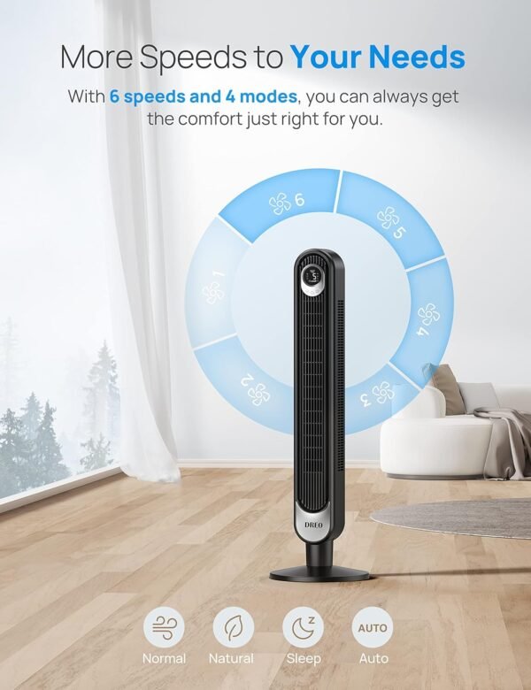 Dreo Tower Fan for Bedroom，90° Oscillating Standing Fan, 25ft/s, 28dB Quiet for Sleep, 6 Speeds, 4 Modes, 12H Timer, 42 Inch, Bladeless, Remote, for Home, Office, Room, Cruiser Pro T1
