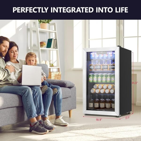 Beverage Refrigerator Cooler - 126 Can Mini Fridge with Glass Door for Soda Beer or Wine, Beverage Cooler for Home, Office, Bar with Adjustable Removable Shelves, Silver
