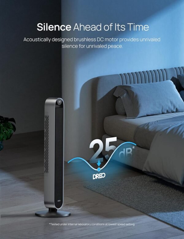Dreo Tower Fan for Bedroom, 42 Inch 120° Oscillating Fan, 25dB Quiet DC Motor, 27ft/s Velocity Bladeless Standing Fan with 12 Speeds, 4 Modes, 12H Timer Cooling Fans for Home, Living Room, Pilot Max S