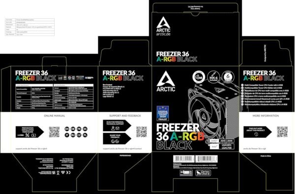 ARCTIC Freezer 36 A-RGB - Single-Tower CPU Cooler with Push-Pull, Two Pressure-optimised 120 mm P Fans and ARGB Lighting, Fluid Dynamic Bearing, 200–2000 RPM, 4 Heatpipes, incl. MX-6 Thermal Compound