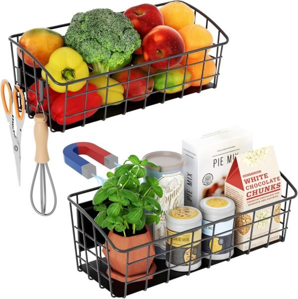 2-Pack Magnetic Spice Rack for Refrigerator, Versatile Magnetic Shelf Organizer with 2 Hooks for Kitchen Storage, Large Capacity Spice Rack for Fridge, Oven, or Cabinet - Black