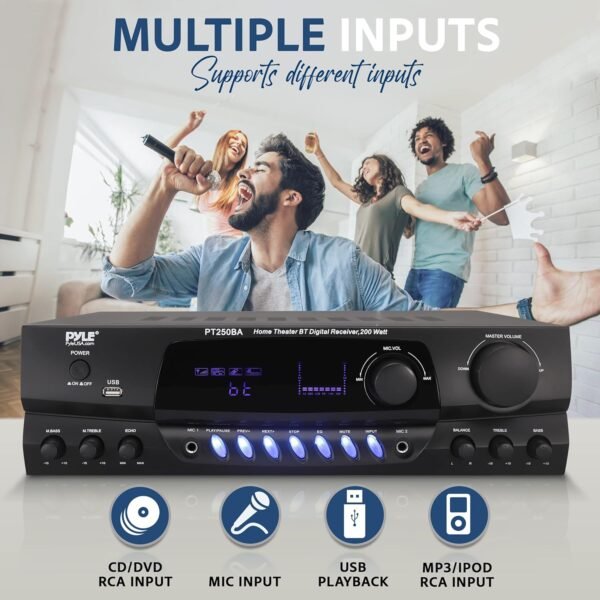 Pyle Wireless Bluetooth Power Amplifier System, 200 Watt Max, Home Theater Audio Stereo Receiver Box with FM/USB, Mic in, RCA Inputs, Echo & 2-Band EQ Control, Digital Display Screen - PT250BA