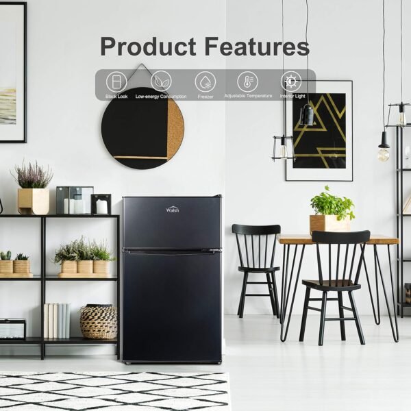 Walsh Compact Refrigerator, Dual Door Fridge, Adjustable Mechanical Thermostat with Freezer, Reversible Doors, 3.1 Cu.Ft, Black