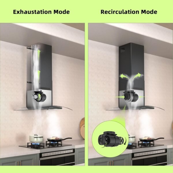 FIREGAS Wall Mount Range Hood 30 inch with 3 Speed Fan,black range hood with tempered glass,400CFM,Push Button Controls, LED Lighting, Permanent Filters in Stainless Steel,includes 2 Charcoal Filters