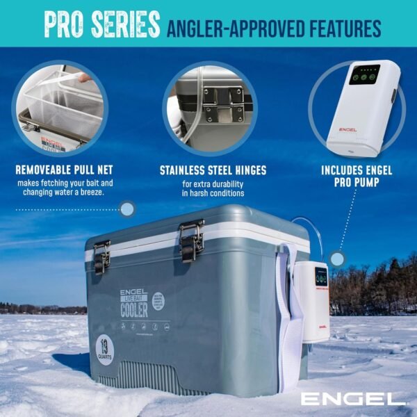 ENGEL Live Bait Cooler PRO for Fishing - Portable Minnow and Bait Bucket with Lithium-Ion Rechargeable Aerator