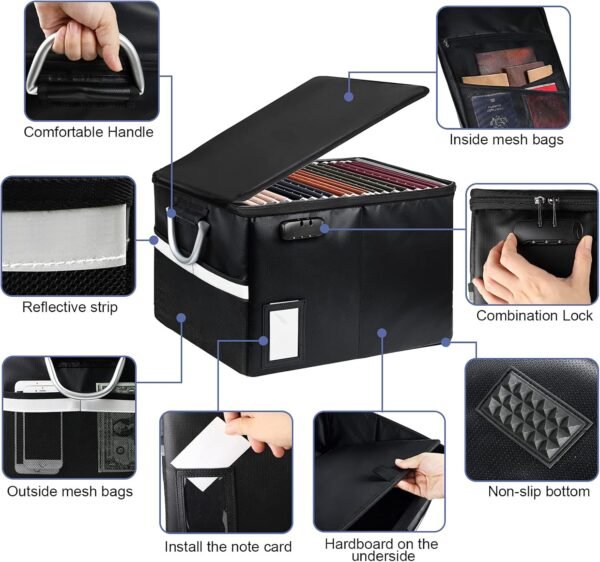 Fireproof Document Box File Organizer Box, Fireproof File Cabinet Box Storage Filing Cabinet Box with Lock, Portable Office Safe Box for Hanging Letter/Legal Folder 16.1 x 12.9 x 11in (Dark Black)