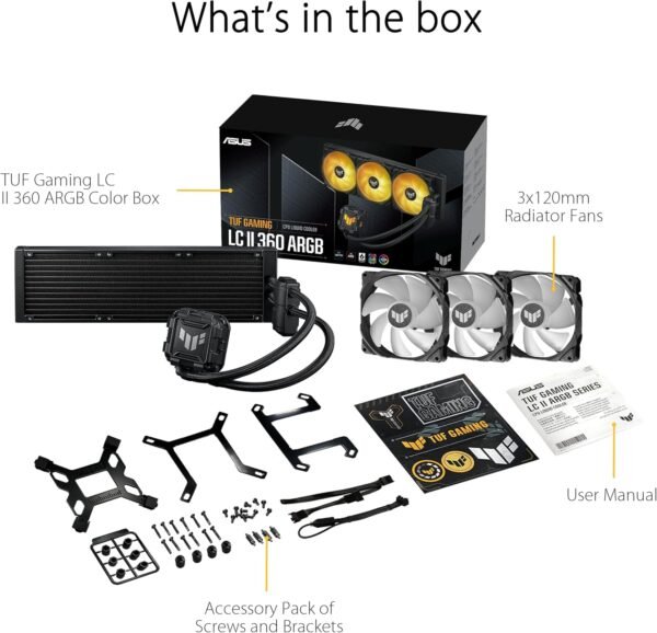 ASUS TUF Gaming LC II 360 ARGB All-in-One Liquid CPU Cooler with Aura Sync, 3X TUF Gaming 120mm ARGB Radiator Fans, Reinforced Tubing, and 6-Year Warranty;Widely Compatible with Latest Intel&AMD CPUs